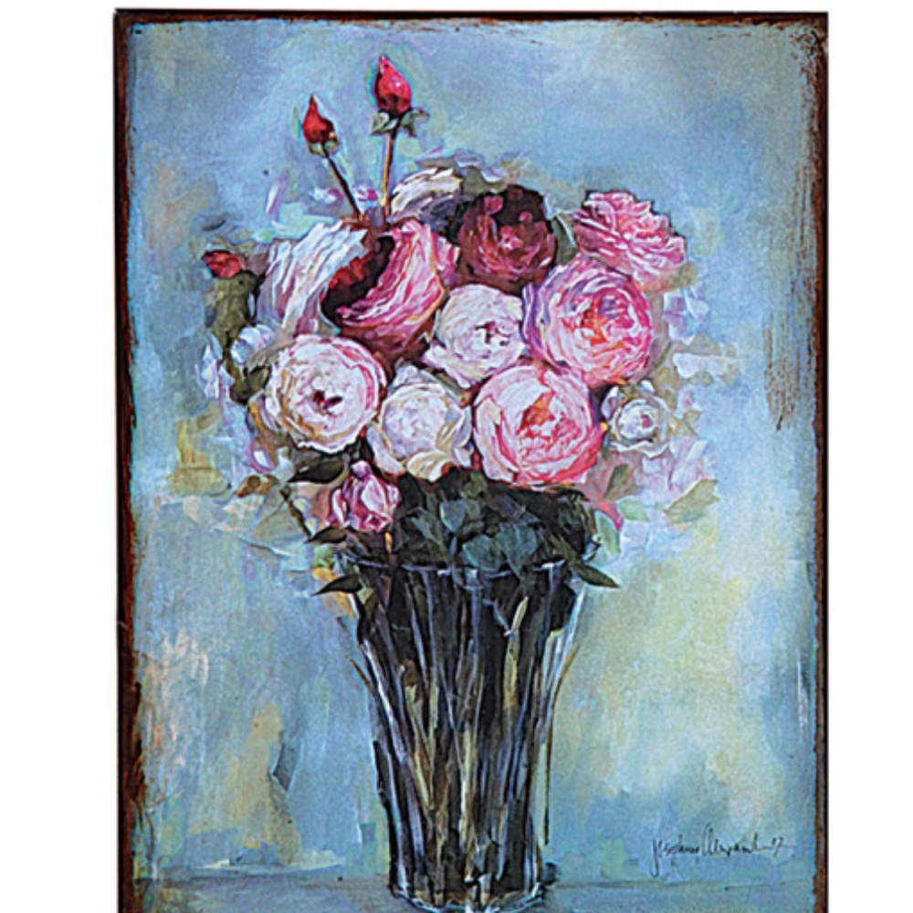 Vintage Metal Wall Plaque with Flower Vase Print